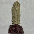 Chinese Carved Figure Statue on Wooden Stand - Light Green Figurine, Brown Base — photo 1