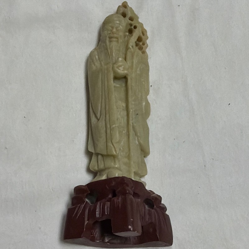 Chinese Carved Figure Statue on Wooden Stand - Light Green Figurine, Brown Base