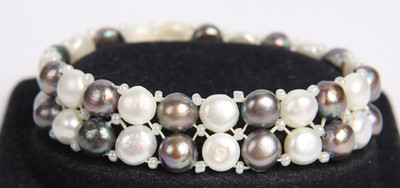 Genuine Freshwater Pearl Double Strand Beaded Silver & White Stretch Bracelet
