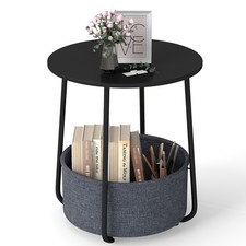COSTWAY Round Side Table 2-Tier End Table with Fabric Storage Basket-Black