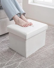 Foldable Small Ottoman Footrest Foot Stool, 12X16X12", With Storage, Cream White