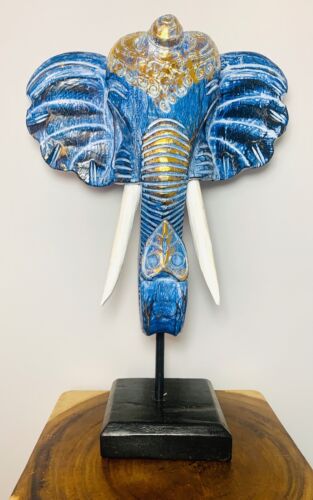 Niebiesko-złota maska słonia na cokole drewniana ręcznie rzeźbiona sztuka Fair Trade - Zdjęcie 1 z 2