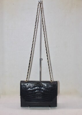 Vintage CHANEL Exotic Alligator Leather CC Logo Chain Strap Flap Bag Black