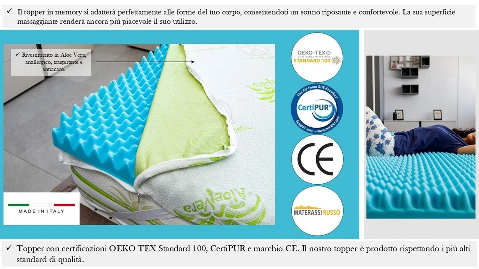 TOPPER CORRETTORE IN MEMORY FOAM SFODERABILE IN ALOE VERA 5 CM  160 190 80 120 - Immagine 2 di 4