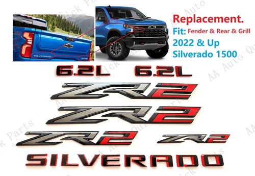 Gloss Black Red Fender Rear Grill ZR2 6.2L Silverado Emblems 2022+Silverado 1500