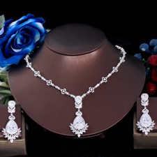 Women Silver Plated Cubic Zircon Dangle Drop Earrings Necklace Party Jewelry Set