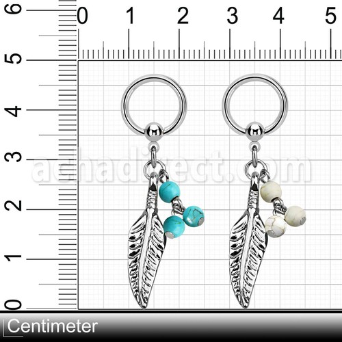 8mm 316L steel ball closure ring14g 1.6mm with dangling feather&3 turquoise ball - Picture 4 of 6