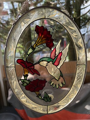 Joan Baker サンキャッチャー VTG Joan Baker Designs Birds Cardinal Oval Stained Glass Sun