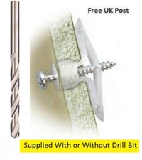 Hollow Wall Plugs & Screws, Optional Drill Bit - Cavity Gypsum Plasterboard