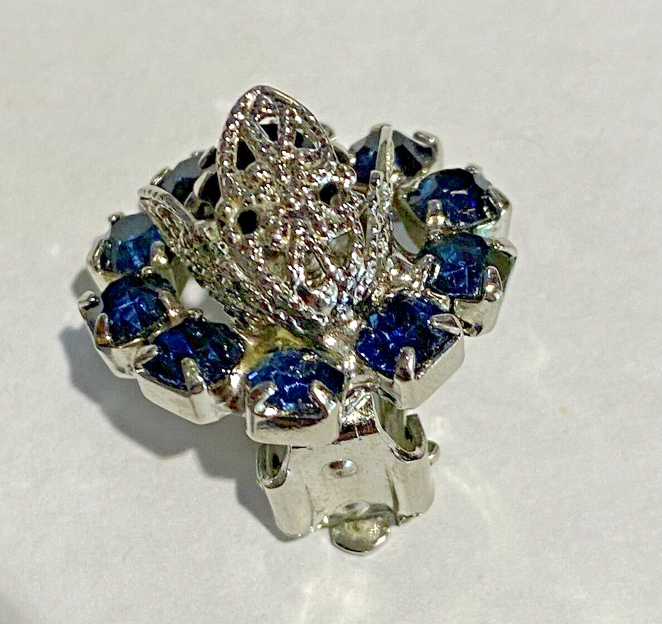 Stunning Vintage Blue Rhinestone Tulip Filigree Brooch & Clip Earrings