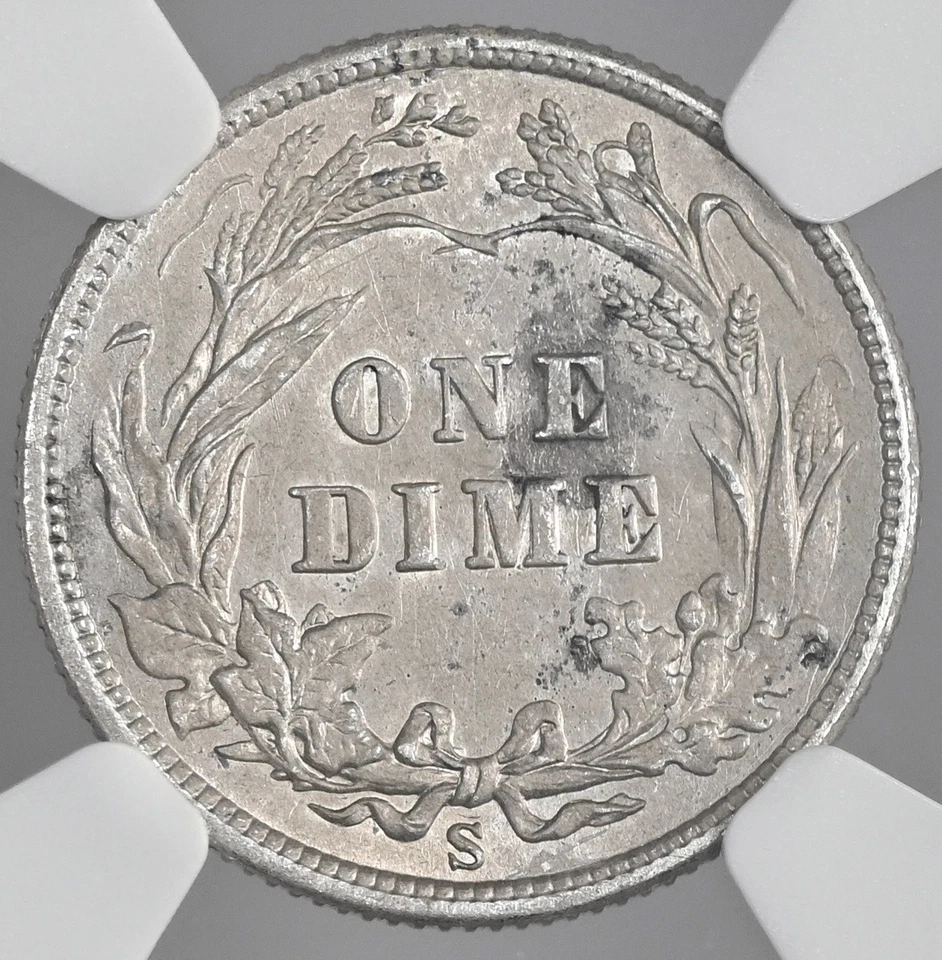 1907-S 10C BARBER СЕРЕБРЯНЫЙ ДЕСЯТИЦЕНТОВИК САН-ФРАНЦИСКО NGC UNC ДЕТАЛИ «ПОВРЕЖДЕНИЕ» 8404753-020 - Изображение 3 из 4