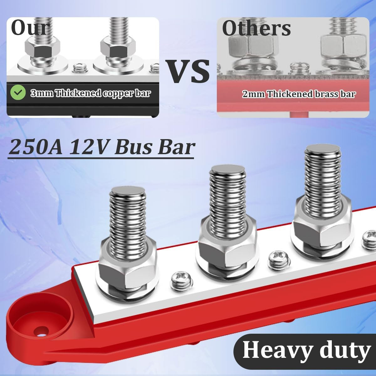 250A 12V Bus Bar Marine Power Distribution Block with Cover with 4 X 3/8”Post 3 