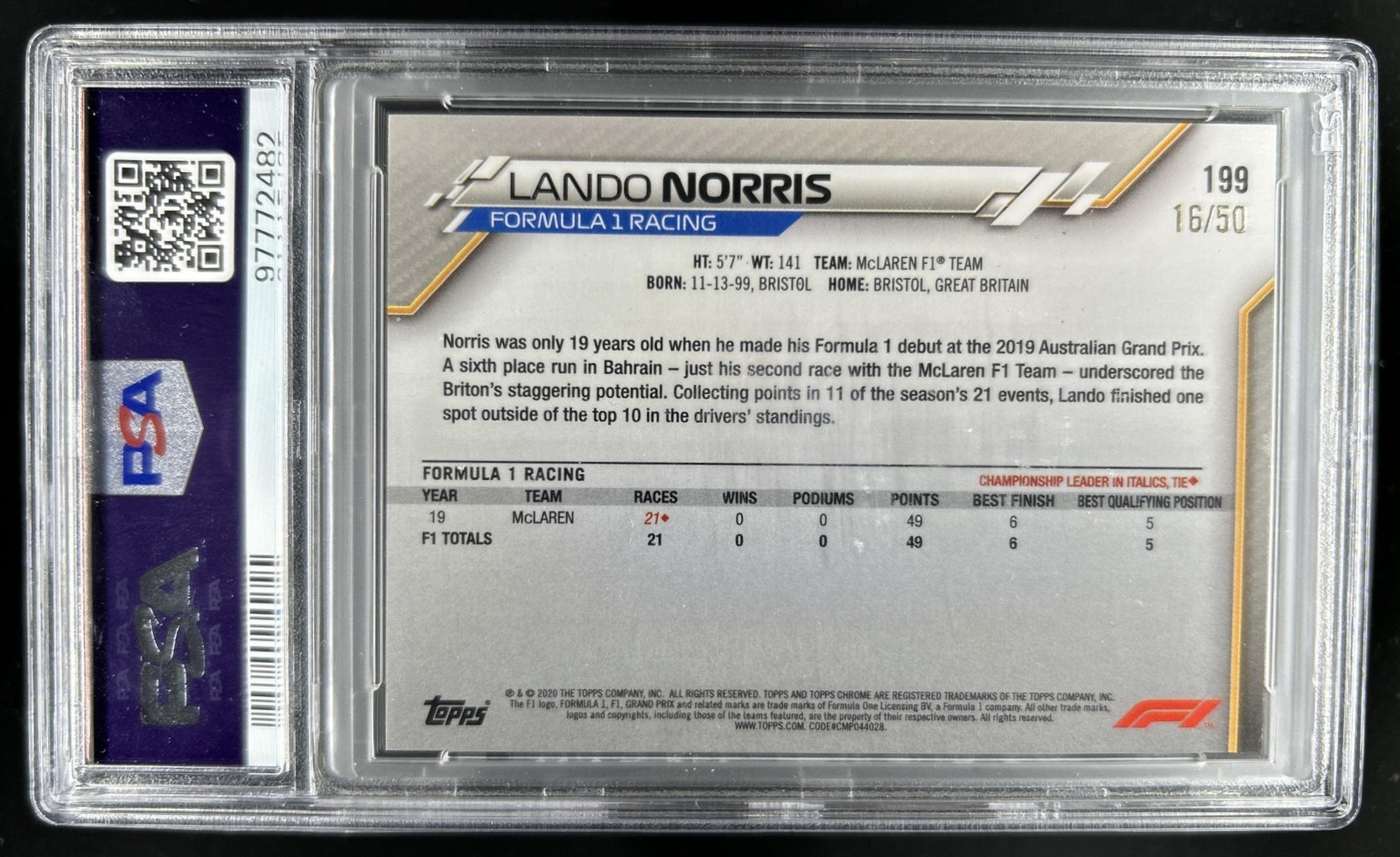2020 Topps Chrome F1 Formula 1 Lando Norris Gold Refractor Rookie RC #/50 PSA 9 view 2