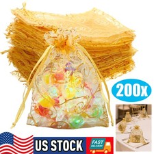 200x Organza Gift Bags Gold Sheer Organza Bag Mesh Favor Bags Drawstring Jewelry
