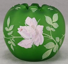 Carl Goldberg Bohemian Enameled Pink Rose & Green Satin Glass Rose Bowl C.1900