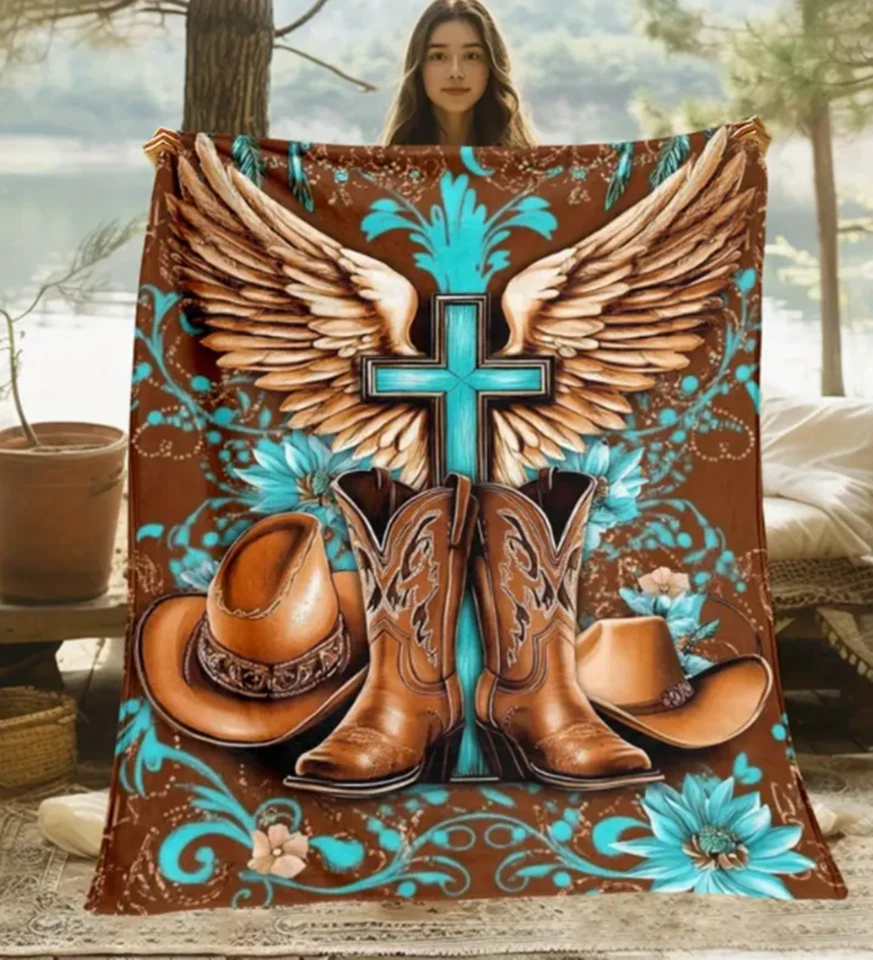 Manta de franela con estampado de cruz y alas de ángel vaquero occidental - Manta de lana Foto 4 de 4