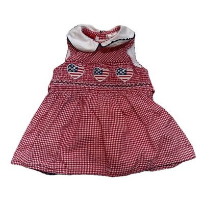 American Baby Girls Dress 6-9M Patriotic Smocked Gingham Red White Blue 4th July