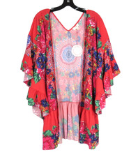 NWT UMGEE Red/Multi FLORAL Ruffle Bell Sleeves OPEN FRONT Kimono/Cardigan M/L