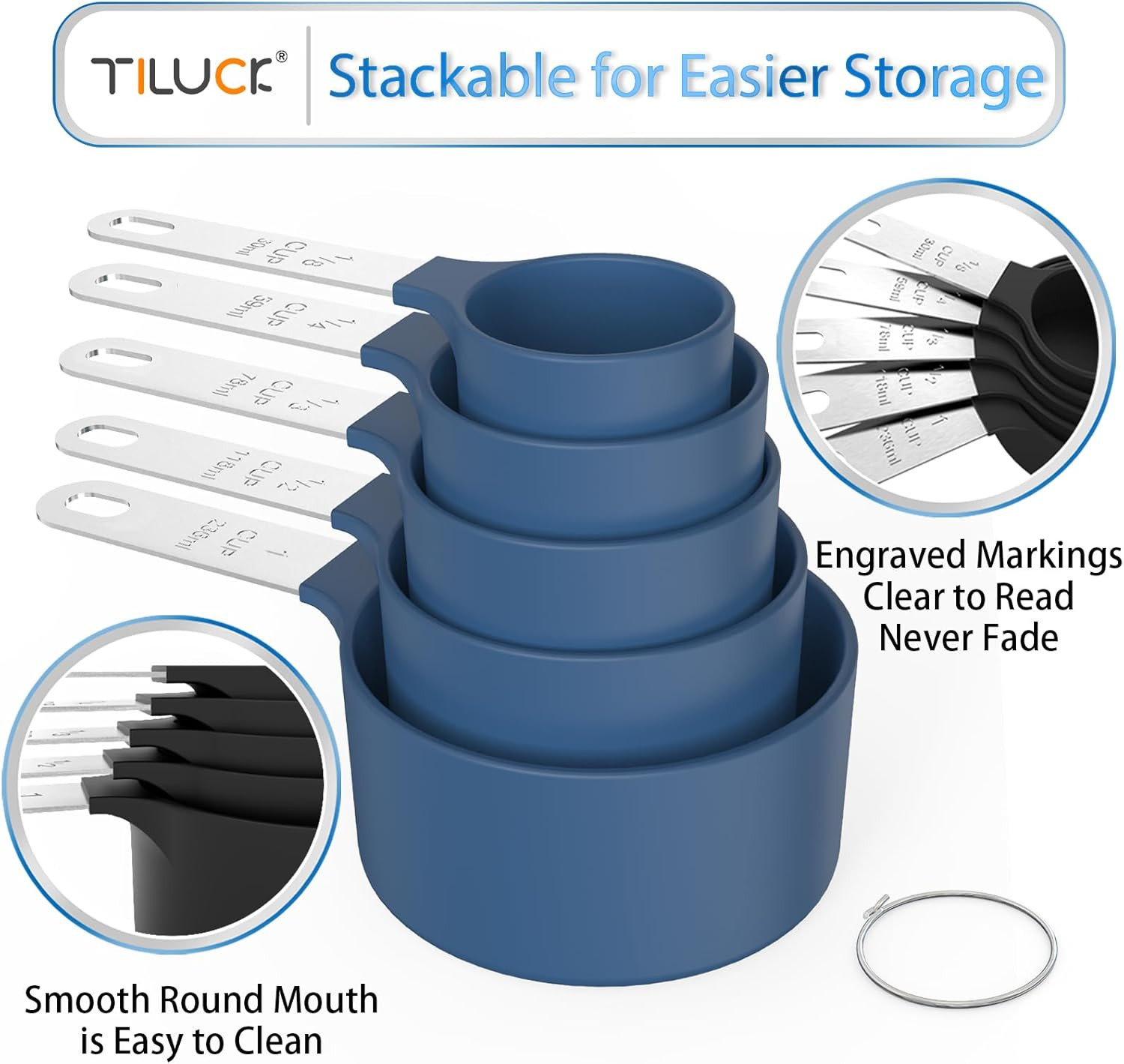 Measuring Cups & Spoons Set Stackable Nesting Stainless Steel Handle Blue