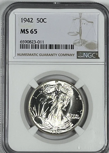 1942 Walking Liberty Half Dollar : NGC MS65 Blazing White
