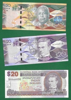 THREE CENTRAL BANK OF BARBADOS BANKNOTES 2007 2017 20 & 50 DOLLARS VF.