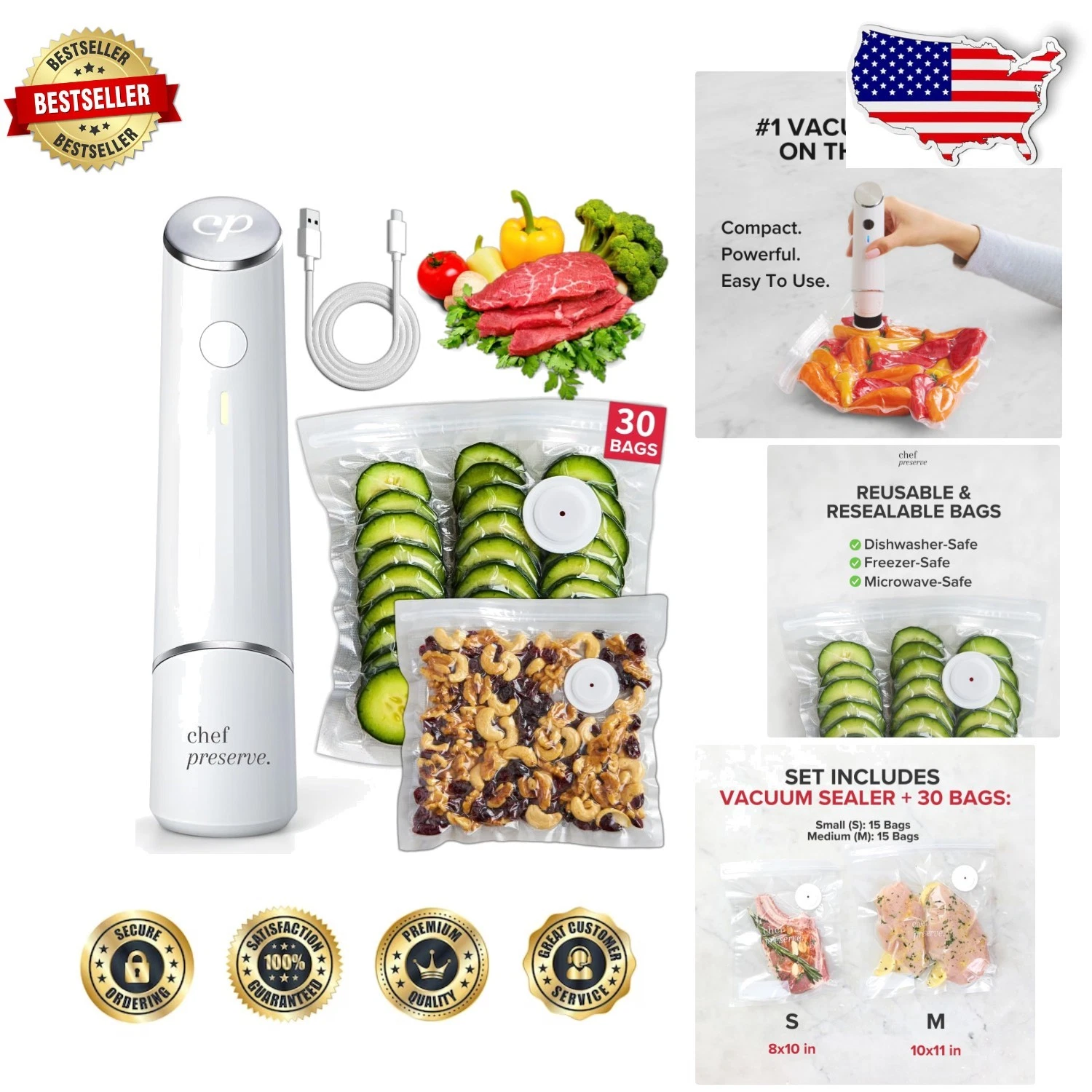Compact Vacuum Sealer + 30 Reusable Bags - Powerful, Quick, Portable Food Saver