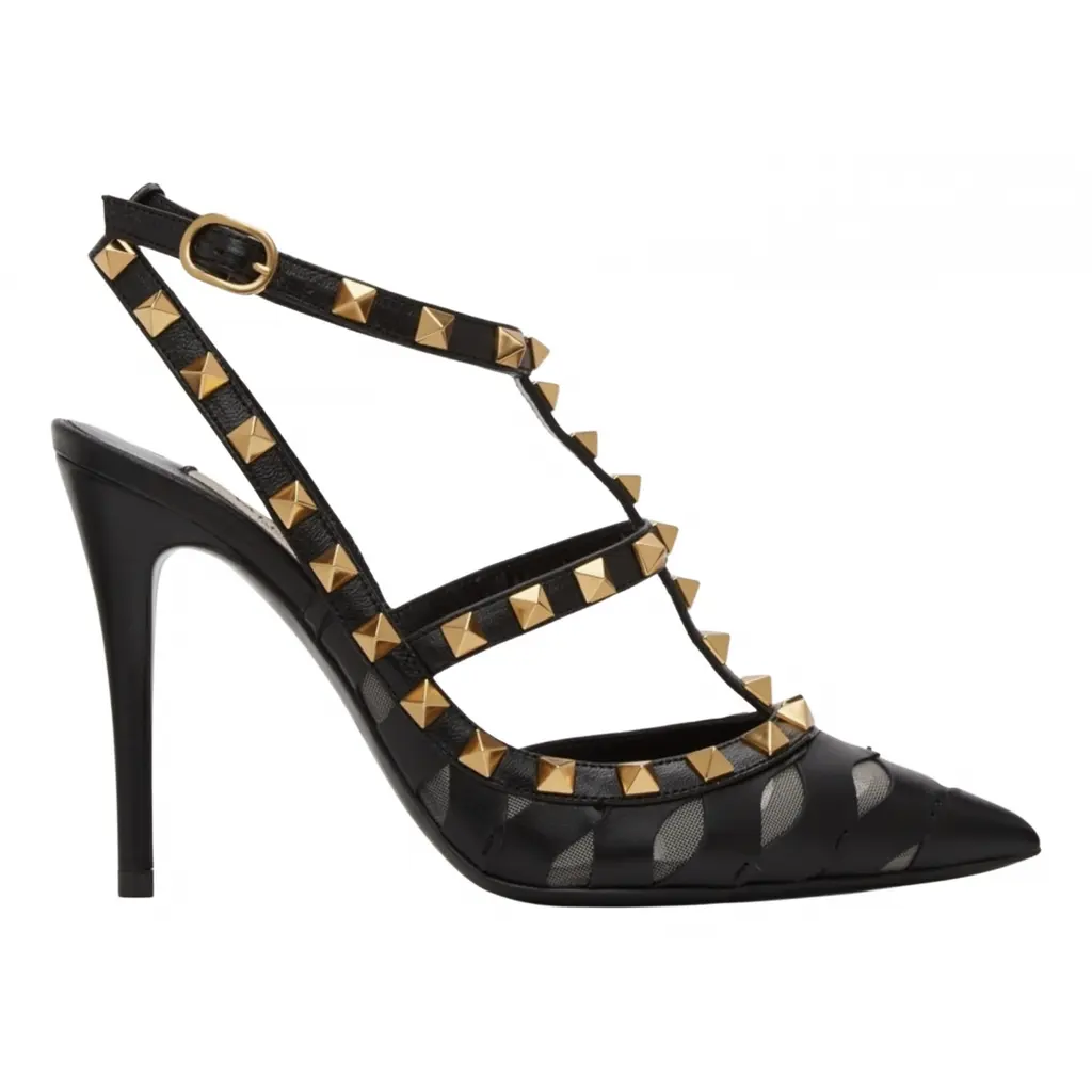 Valentino Rockstud Black Wave Embroidery Gold Ankle Strap Valentino Rockstud Black Wave Embroidery Gold Ankle Strap