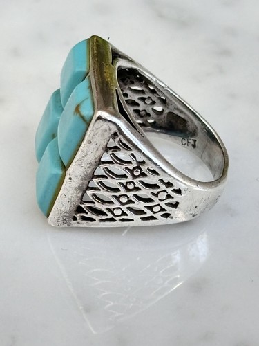 CFJ Sterling Silver 925 Turquoise Panel Ring Size 6.5 Geometric Open Work Sides - Picture 7 of 17