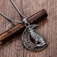 Men Viking Wolf Crescent Moon Necklace Stainless Steel Amulet Pentagram Pendant
