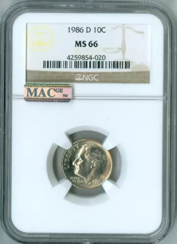 1986 D NGC MS66 Roosevelt Dime, Business Strike, Key Date, MAC PQ, Spotless