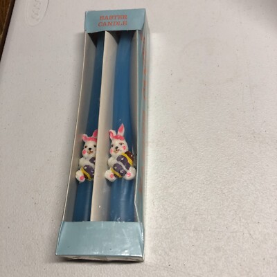Vintage Easter 10  Blue Taper Candles Set Of 2 Candles Holder Bunny Dk Purple Eg