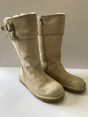 UGG Boots Womens Classic Tall Zipper Buckles Shearling Tan Suede Sz 7 - Picture 1 of 12