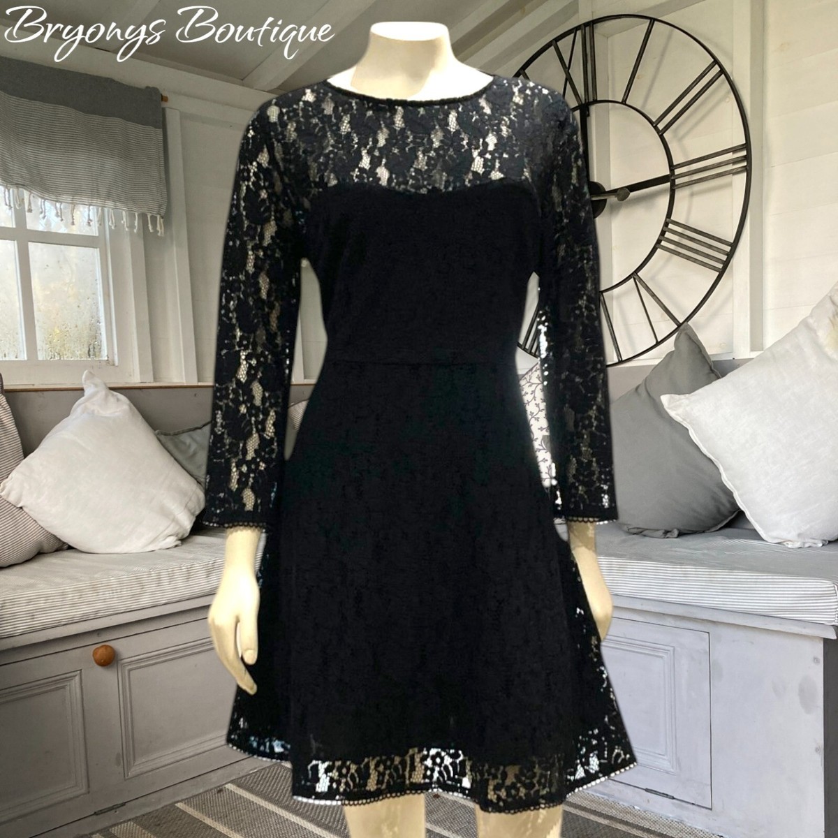 Jack Wills Chalkhouse Black Lace lined Mini Dress 12 with 3/4