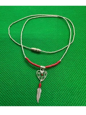 STERLING SILVER Dream Heart Catcher Necklace Red Silver Feathers 16 inch B1