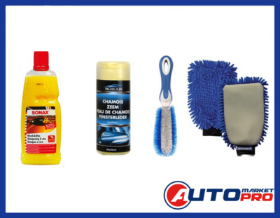 AUTOWASCHSET MIT SHAMPOO HANDSCHUH FELGENBÜRSTE UND MIKROFASERTUCH