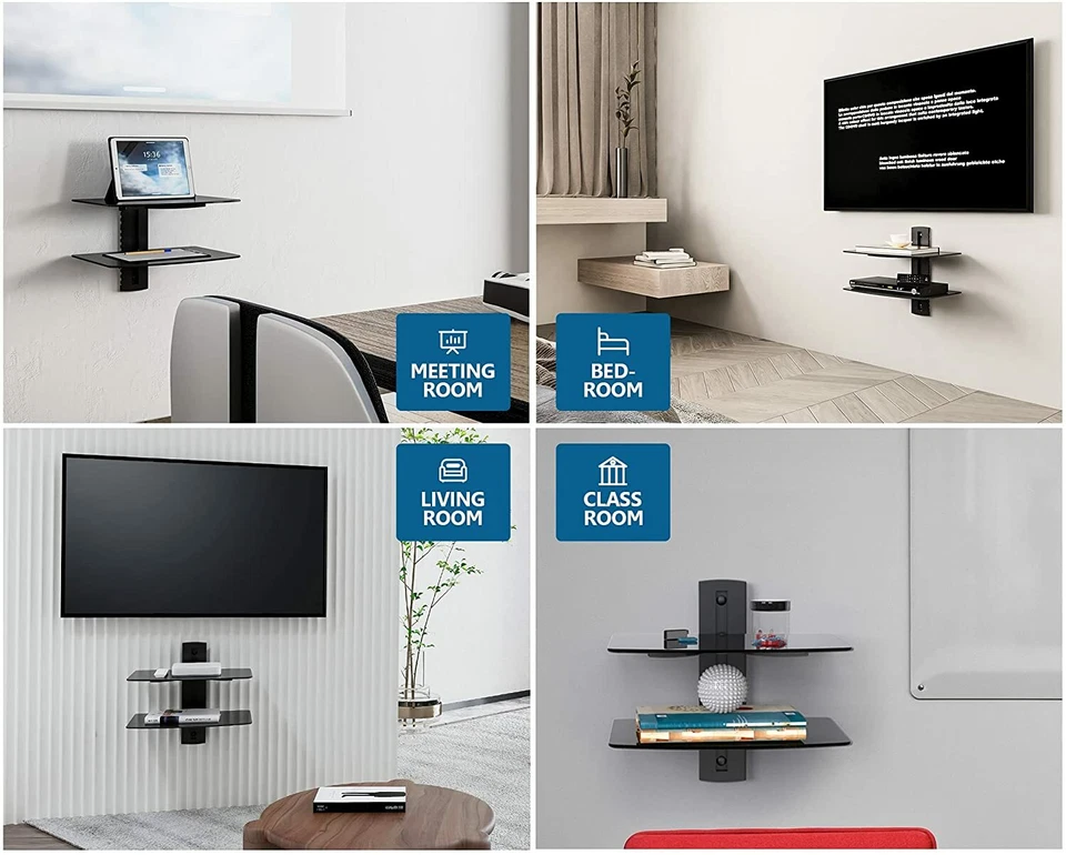 PRATELEIRA DE VIDRO 2 CAMADAS SUPORTE DE PAREDE SOB TV CABO CAIXA COMPONENTE DVR DVD SUPORTE PRETO - Imagem 3 de 4