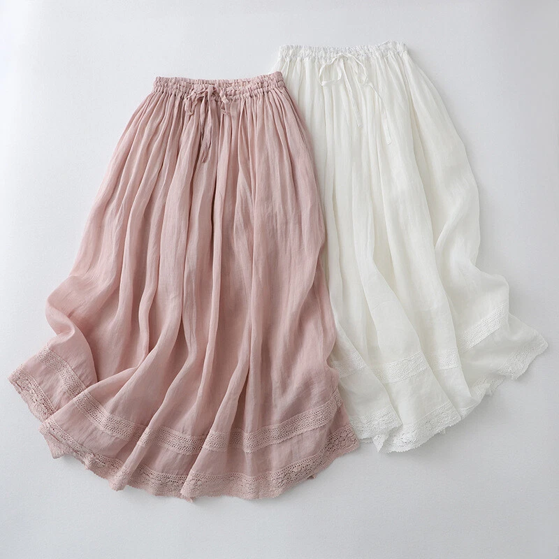 Womens Cotton Embroidery Linen Elastic Waist A Line Midi Skirt Fashion Summer