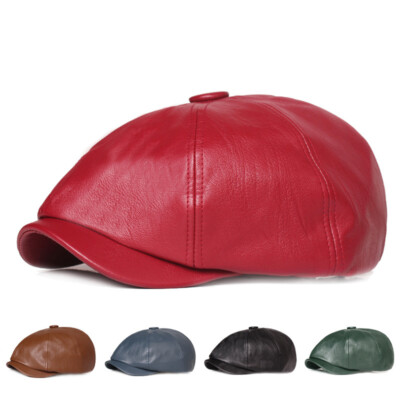 Men Faux Leather Newsboy Flat Gatsby Hat Stretch Cycling Driving Golf Ivy Cap