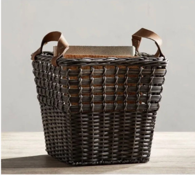 Pottery Barn ''Aster'' 12'' Woven Utility Basket w/ Cognac Leather Handles - NWT