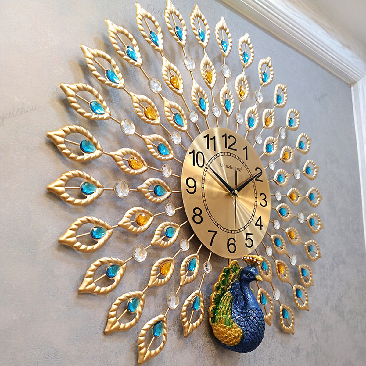 Luxury Peacock Large Wall Clock 25" Metal Living Room Wall Watch Home