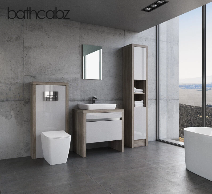 VANITY WASHSTAND UNIT 800MM LIGHT GREY DRIFTWOOD WITH TALL UNITS BATHCABZ