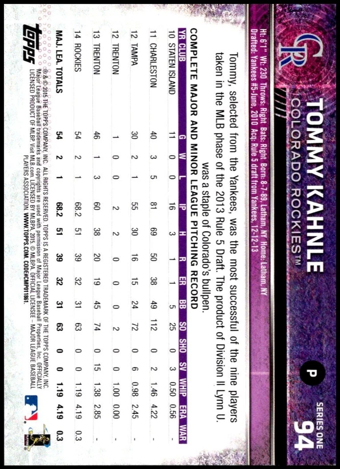 2015 Topps Rainbow Foil #94 Tommy Kahnle - Image 2 of 2