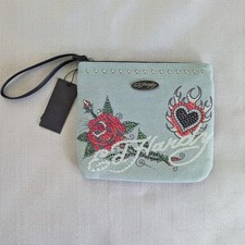 Ed Hardy Tattoo Print Rhinestone Studded Denim Wristlet Bag NEW