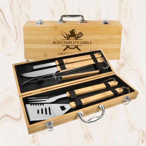 Scatola Set BBQ Personalizzata per Uomo, Strumenti Barbecue Cucina Esterno Incisi Personalizzati - Foto 8 di 12