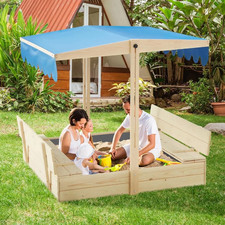 Wooden Sandbox with Lid, with Adjustable Canopy for Outdoor, Blue
