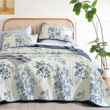 Blue Floral Quilt Set King,Botanical Leaf  Butterfly Pattern Bedspread Coverlet
