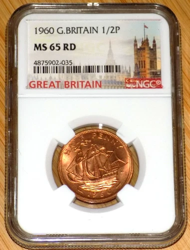1960 GREAT BRITAIN NGC MS 65 RD BRITISH UK 1/2 Penny MS65 Certified Graded Coin