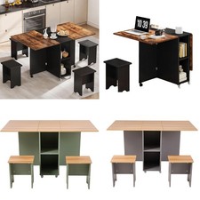 140cm Folding Dining Table & Chairs Set Drop Leaf Table w/ 4 Stools for Kitchen