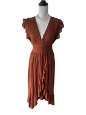 Free People Rust Brown Maxi Dress Small Open Tie Back Ruffle Asymmetrical Hippie