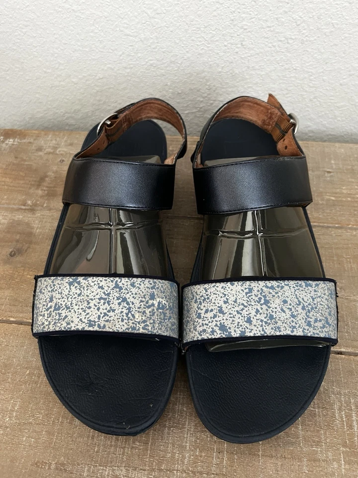 Fitflop Gracie 坡跟踝带凉鞋海军蓝银色斑点女式 10 码 — 第 2/4 张图片